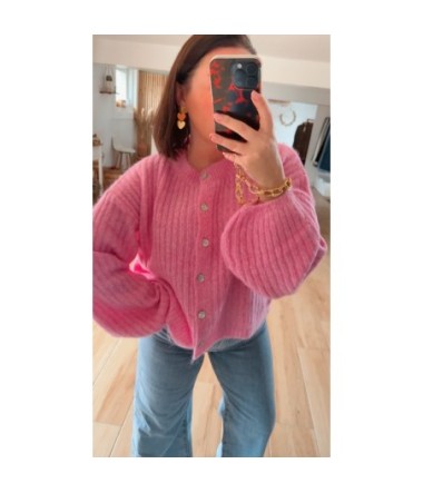 Gilet femme en maille douce boutons, manches bouffantes, coloris rose ou orange