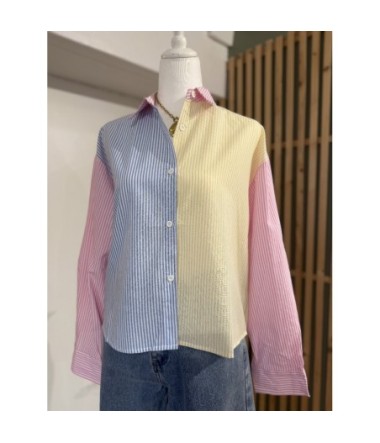Chemise femme rayée multicolore en coton, coupe droite avec lien a nouer dans le dos.