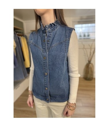 Gilet sans manches en jean bleu femme avec col volanté et boutons pression dorés