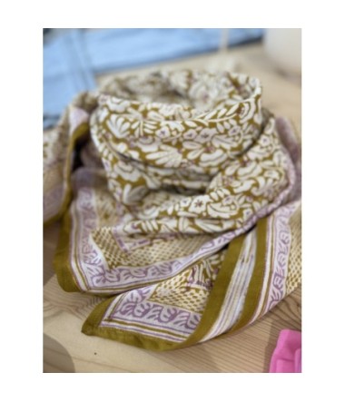 Foulard Bonheur du Jour Fleurs indiennes Iris Olive 